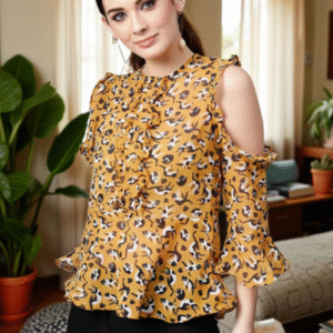 Cat Printed Round Neck Cold-Shoulder Ruffled Top