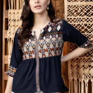 Navy Blue Ethnic Motifs Pleated Keyhole Neck Top