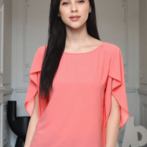 Women Solid Round Neck Flared Sleeves Crepe Top