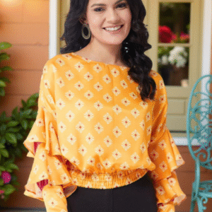 Ethnic Motifs Print Bell Sleeve Blouson Top